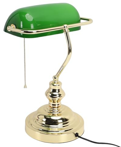 Spacnana Lampada da Scrivania Vintage da Banchiere, Catena in Ottone, Paralume in Vetro Verde Soffiato a Mano con Base in Ferro Battuto, per Casa, Ufficio, Camera da Letto, Comodino, (Spina europea