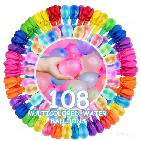 108 Pcs Reusable Water Balloons, Quick Fill Latex Water Bombs, Multi-Colour Refillable Water Balls for Adult Outdoor Cooling Activities, Backyard Water Entertainment, Pool, Team Building Events