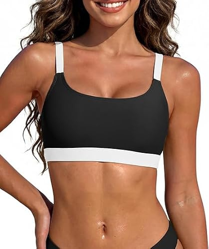 Zando Black/White Colorblock Women's Sporty Bikini Top Scoop Neck Swimwear Adjustable Padded Swim Bra Athletic Bathing Suit Tops Wide Underband Crop Top