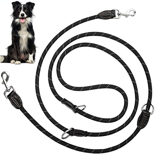 Dog Leash, Reflective Nylon Double Leash with 2 Carabiners and 3 Adjustment Rings, 1.3 cm x 3 mm Adjustable Dog Shoulder Leash, Jogging and Training Leash for Large and Medium-sized Dogs
