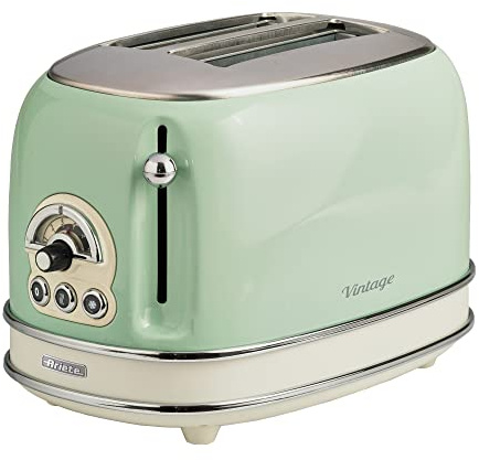 Ariete 0155/14 Retro Style 2 Slice Toaster, 6 Browning Levels and Removable Crumb Tray, 3 Functions Including Cancel, Defrost and Reheat, Non-Slip Feet, Vintage Design, Green