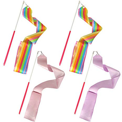 FYSL 4 Stück Tanzen Streamer, Regenbogen Gymnastikband Tanzband mit Stab, Turnband Rhythmikband Wirbelband für Kinder Mädchen (78,7 Zoll/2M)