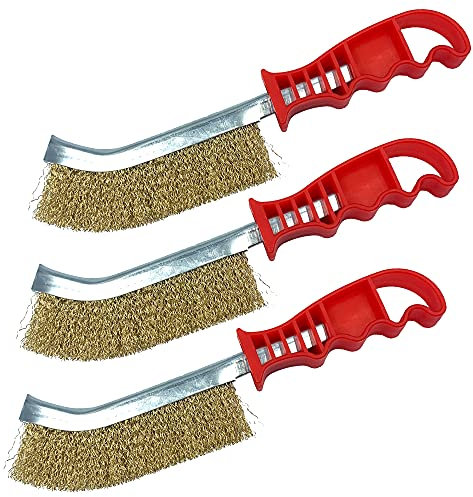 Brass Wire Brush Set of 3 – General Purpose 26cm Crimped Long Handled Wire Brush for Rust Removal and Surface Preparation (Brass Brush Pack of 3)