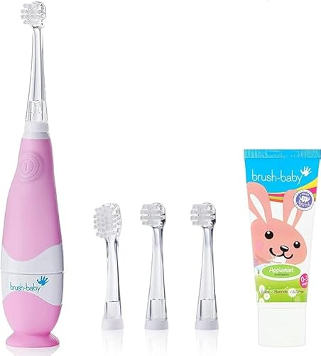 Brush-Baby - BabySonic Toddler Pink Electric Toothbrush Gift Set, 0-36 Months - Soft Vibrating Toothbrush, 4 Replacement Heads, Applemint Fluoride Toothpaste (12 ml) & 1 AAA Battery