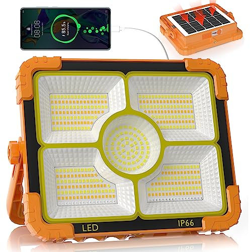 RISEMART Rechargeable Work Light, 466 LED Camping Light 100W Portable Floodlight with Solar Panel, 5 Modes IP66 Waterproof Outdoor Working for Fishing, Hiking, Orange, 22.4x17.8x5.2 cm (LC-588)