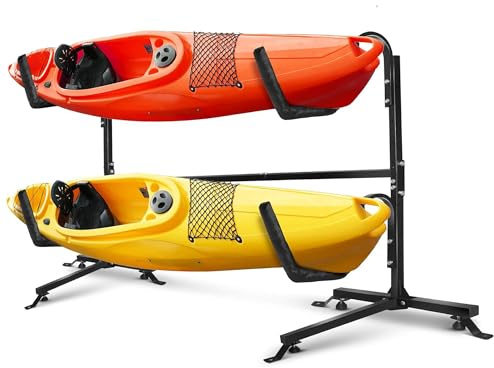Yes4All Estante doble independiente de almacenamiento de 175 libras para kayak, soporte de kayak de acero duradero para exteriores, ideal para kayaks, tabla de surf, tabla de remo