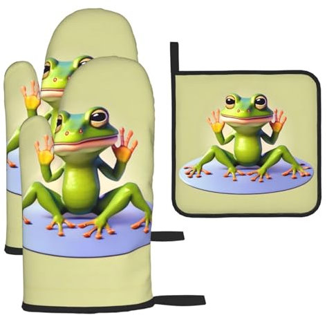 YYHHAOFA Der lustige Frosch macht Yoga druckt Ofenhandschuhe und Topflappen Sets - Dicke Verbrühungsisolierung 2 isolierte Handschuhe und eine Deckelmatte