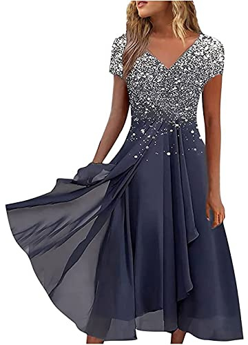 Robe de soirée élégante à paillettes pour femme - Col en V - Manches courtes - Plissée - En mousseline de soie - Ourlet irrégulier - Grande taille - Robe trapèze - Taille S à 5XL, argenté, XL