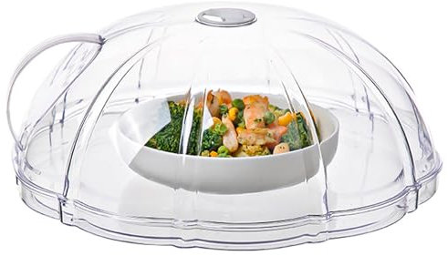 DXQCHDUO Microwave Plate Food Cover,With Easy Grab Handle Clear Splash Guard Plastic Lid,Microwave Splatter Guard Lid With Steam Vents and Tray,Insulated Food Lid to Keep Food Fresh
