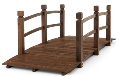 GOPLUS Holzbrücke, Gartenbrücke aus Tannenholz mit Geländer, Teichbrücke bis 150 kg belastbar, Dekorbrücke braun für Teich, Garten und Hof, 172×75×58,5 cm