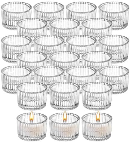 24 PCS Glass Tea Light Candle Holders, 2 x 1.4 Mini Ribbed Tealight Holder, Clear Tealight Holders for Wedding, Birthday, Festival, Table Centerpiece