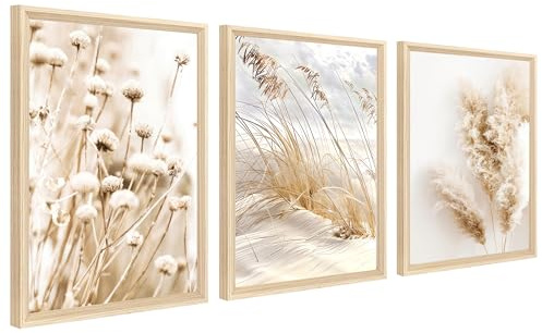 Canvastavlor med ram, väggkonst med kust- och strandlandskap, canvastryck i nordisk stil med beige pampasgräs, bilder för vardagsrum, sovrum, kök, hall, väggdekor, 90 x 40 cm, utan plexiglas, 3 st