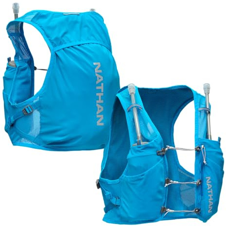 Nathan Unisex-Trinkweste – leicht, schnell anpassbar, reflektierend, inklusive Zwei 400 ml Hydrapak-Flaschen, 4 l Stauraum, sechs Taschen für Laufutensilien, Pinnacle Breeze, Electric Blue, XXL