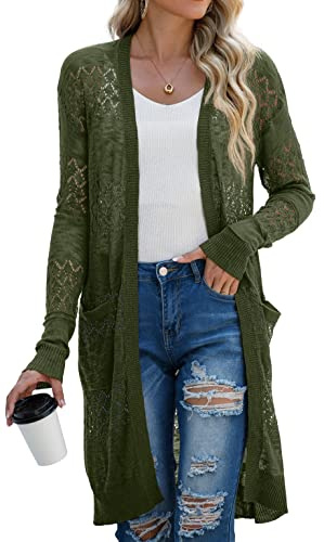 GRECERELLE Cardigan léger et long à manches longues pour femme - Pull décontracté en crochet ouvert sur le devant avec poches