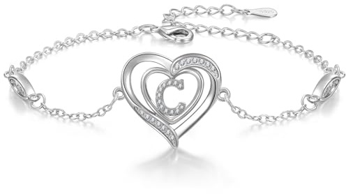 Cosie Lily Pulsera Mujer, Plata De Ley 925 Con CorazóN Inicial A-Z Regalos Joya, CumpleañOs San ValentíN Navidad Dia La Aniversarios Madre, Mamá Esposas Hermanas Brazalete Silver C