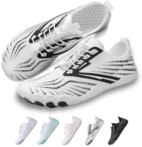 Hike Barefoot Beach Water Shoes Womens Quick Dry Non-Slip Wide Toe Air Layer Offset Printing White Black Athletic Couple Sneakers for Pool Aqua Swim Surf Walk Daily Wear