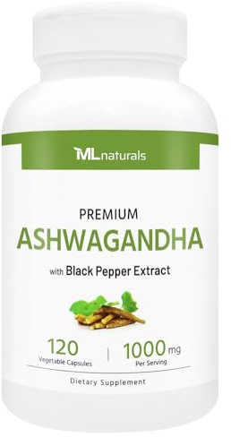 ML Naturals Organic Ashwagandha Powder 600mg, Ashwagandha Extract 400mg, Black Pepper Extract 10mg (Per Serving) 120 Vegetable Capsules