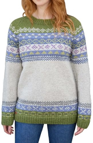 Pachamama damtröja i ull, handstickad traditionell individuell mässa, ö-mönster, handgjord tjock varm pullover, tröja, Fair Trade, Oliv, L