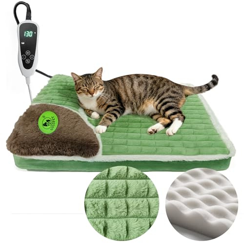 GOLOPET Heated Cat Bed Indoor Washable Bed Memory Foam Soft Dog Bed with Side Pillow, Smart Temperature Control Switch, Removable Cotton Sleeve Wash-Green (Green, 20 x 20 x 2 in)