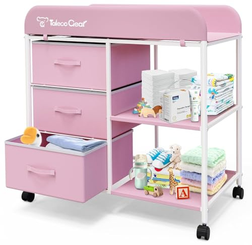 Table à langer portable avec tapis à langer imperméable, table à langer avec 3 paniers de rangement, organiseur mobile pour chambre d'enfant pour nouveau-né (rose)