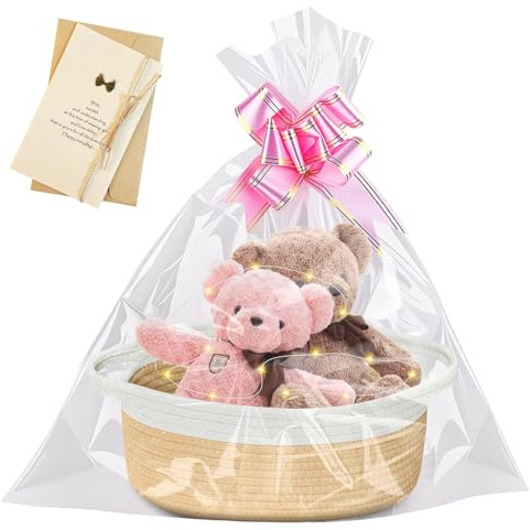 Booaee Cesta de regalo vacía, cesta trenzada para regalos con bolsas de regalo, luces LED, tarjetas y cintas, cesta vacía para cumpleaños, bodas, baby shower, Navidad, Pascua, Acción de Gracias