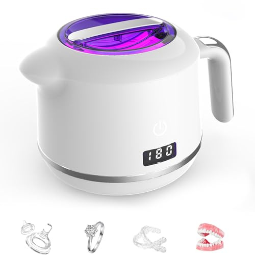 GUOMIS Limpiador Ultrasonidos Dental,Ultrasonidos limpieza dental,Limpieza de joyas ultrasónica de 45 kHz, 200 ml para protectores bucales y dentaduras postizas, con 2 modos de limpieza y temporizador