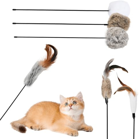 6 Jouet Canne à Pêche pour Chat, Plumeau Jouet à Plumes 40cm, Baguette de Peluches pour Chats avec Fourrure de Lapin et Plumes, Jouets Interactifs pour Chats, Baguette à Plumes pour CHat d'intérieur