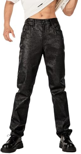 TEGIAS Mens Leather Pants Slim Fit Disco Pattern Jeans for Men Stretch，Black 34