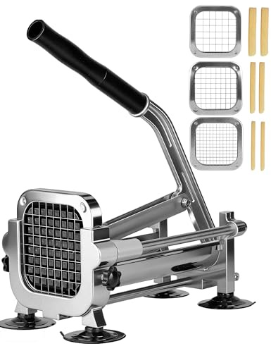 Cortador de Patatas Profesional Cortador Patatas Fritas Manual con 3 Cuchillas de 6.5, 9 y 13 mm Multicorte Patatas con Base Antideslizante de Ventosa Cortapatatas para patatas, pepinos y zanahorias