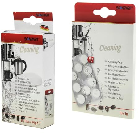 Kit de limpieza para cafeteras Scanpart 10 pastillas limpiadoras + 6 descalcificadoras Eliminación eficaz de los depósitos de grasa y cal en cafeteras automáticas y de émbolo