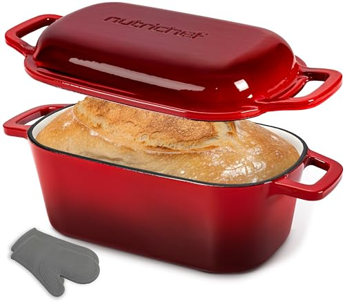 NutriChef Teglia per Pane in Cassetta 25 cm in Ghisa Smaltata con Coperchio, Stampo Pane in Cassetta, Perfetta per Cosce di Pollo, Spezzatino di Manzo e Lasagna