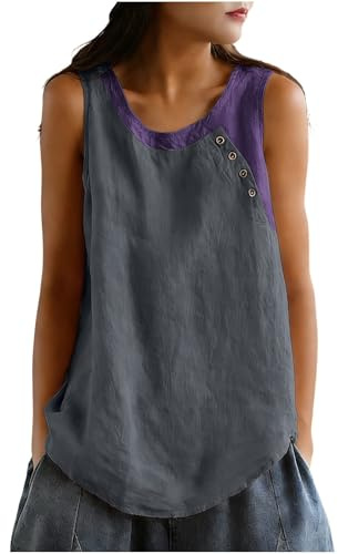 Vest Tops Women UK Cotton Linen Sleeveless T-Shirt Plus Size Loose Fit Summer Shirts Long Length Tunic Shirt Baggy Dressy Casual Blouses Ladies Tank Tops