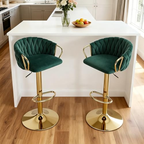 Relbiety Velvet Bar Stools Set of 2 With Woven Backrest,Green | Height Adjustable,Gold Breakfast Bar Stools Modern Design,Swivel Kitchen Chairs For Bistro Pub Home Bar