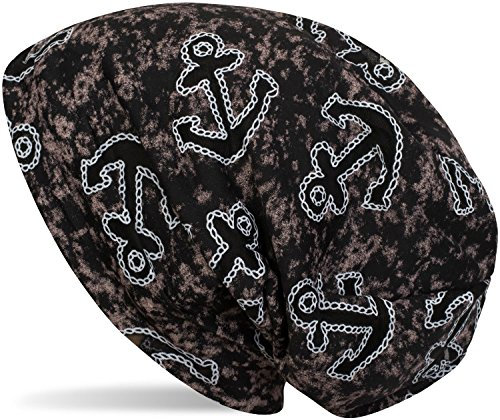 styleBREAKER Beanie Mütze im maritimen Anker Seil Print Look, Slouch Longbeanie, Unisex 04024082, Farbe:Schwarz-Rose
