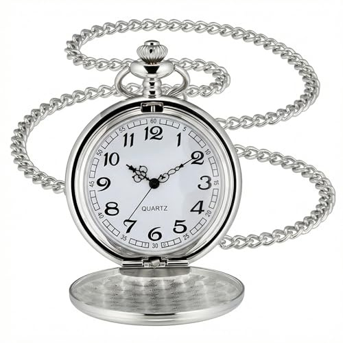 I-MART Smooth Vintage Pocket Watch with Chain for Men and Women, Classic 1920s Style Quartz Mens Pocket Watch with Easy Open and Adjustable Time, Ideal Gift for Weddings, Collectors, Cosplay, Silver