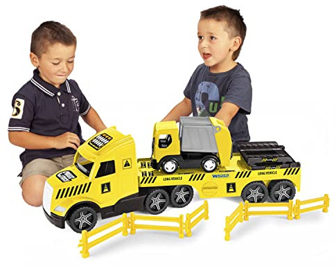 Wader 36440 - Magic Truck Tieflader mit Müllwagen, Absperrgittern und Rampen, ab 3 Jahren, ca. 79 cm, ideal als Geschenk für kreatives Spielen