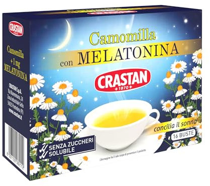 Crastan Camomilla Solubile con Melatonina, senza Zuccheri Aggiunti, 16 Bustine, 64 G