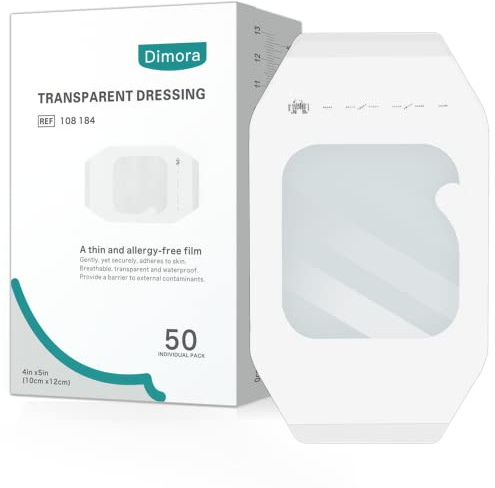 Dimora Transparent Film Dressing 50 Packs, Waterproof Adhesive Clear Bandages 4 in x 5 in, Wound Cover for IV Shield, Tattoo Aftercare Bandage,Clear Bandage Tape for Wound Care