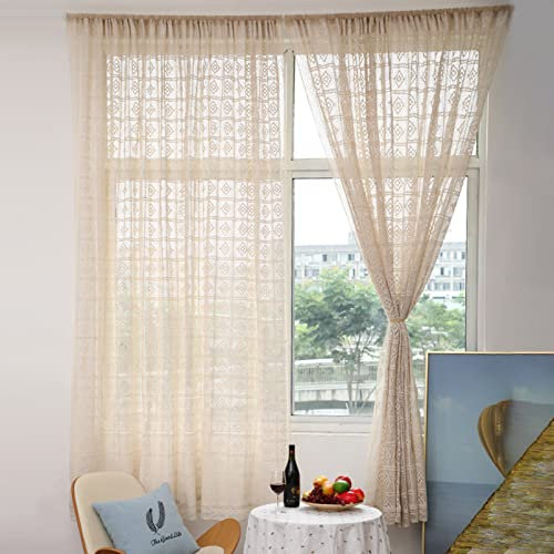 Yizunnu Beige Vintage Baumwolle Fenstervorhang Panel Boho Chic Handhäkeln Stricken Vorhang Vorhänge für Schlafzimmer Wohnzimmer (150 cm x 220 cm (B x L)