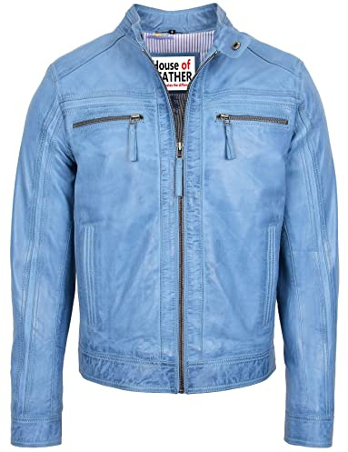 Veste de motard décontractée en cuir véritable pour homme Style Charlie Café Racer, bleu ciel, S