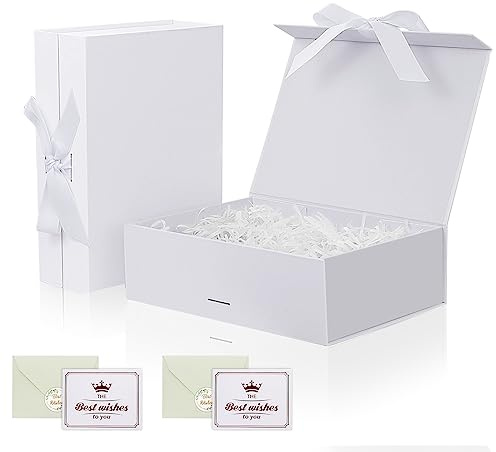 2PCS White Gift Box Set, Luxury Magnetic Gift Box with Lid Ribbon Greeting Card Shredded Paper, Gift Packaging Box for Present Birthday Wedding Anniversary Festival
