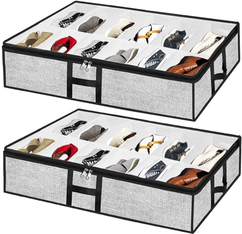 Meerainy Under Bed Shoe Storage Organizer for Closet 2 Pack- Fits 24 Pairs Underbed Shoes Container Boxes, Light Grey