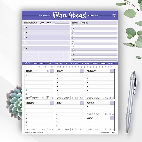 Daily & Weekly Planner Notepad Plan Ahead Be Productive Printed Made Design USA - 50 Tear Off Premium Pad (Peri Purple)