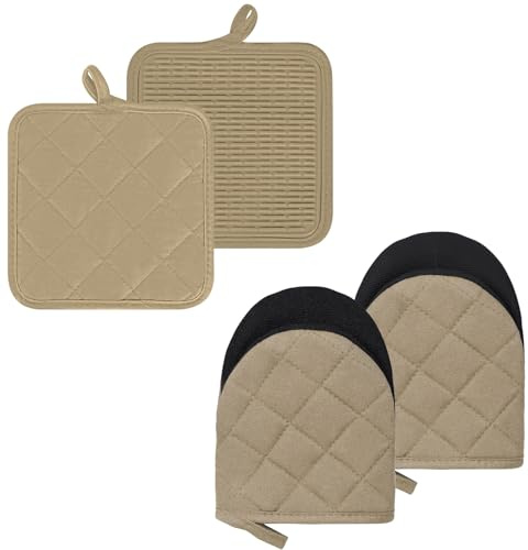 Oven Mitts and Pot Holders Set, Pack of 4, Heat Resistant Silicone Kitchen Mini Oven Mittens for 500 Degrees, Mini Oven Gloves and Hot Pads for Baking Grilling Barbecue Microwave Machine Washable