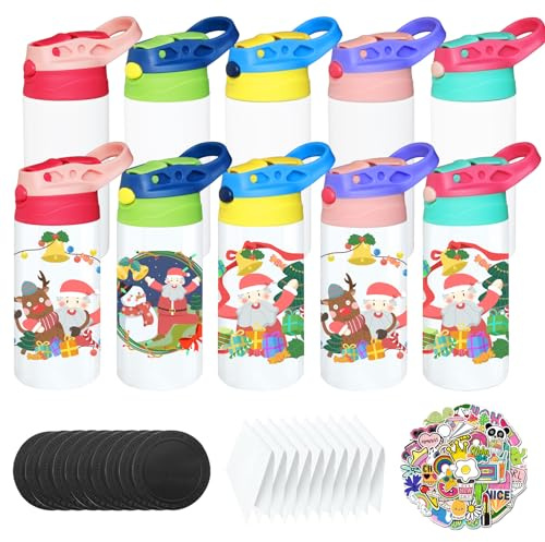 Gekestory 6 PACK Kids Sublimation Tumblers, 12oz Blank Sippy Cups, Stainless Steel Sublimation Water Bottle Blanks for DIY Heat Press Print Crafting Gift (10pack)