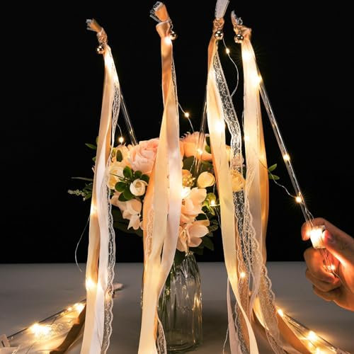 Wedding Wands mit LED Warmweiße Glowstick,Leuchtstäbe Set für Hochzeitsdeko Zauberstäbe Hochzeitsbändern Seidenfeenstab Luftschlangen mit Glocke fur Hochzeiten Geburtstage Weihnachten (champagne)