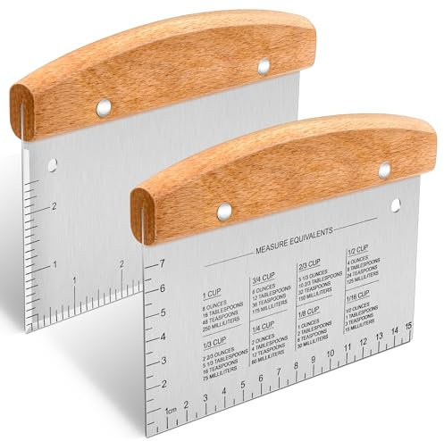 Joyfair 2Pcs Dough Scraper, Stainless Steel Dough Cutter with Wooden Handle, Bench Scraper/Pizza Cutter/Pastry Spatula with Measuring Marks for Baking Cooking, 15cm