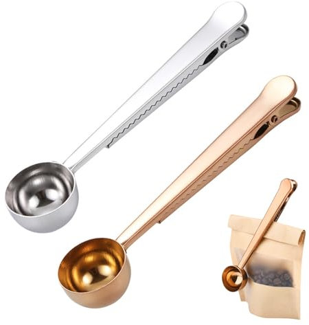 Coffee Scoop with Bag Clip, 2PCS Coffee Beans Spoon Measuring 7 Inch Stainless Steel Kitchen Tools Ground Sealer Accessory for Sealing Milk Powder for cafetiere Ground Coffee and Beans