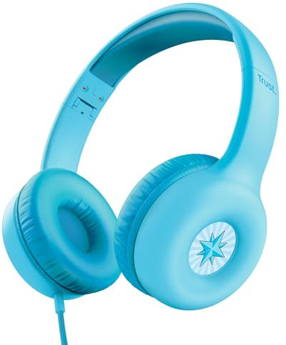 Trust Nouna Auriculares con Cable para Niños 4-10 Años, Límite de Volumen (85dB), Cascos Plegables con Micrófono Incorporado y Adhesivos, Cable 3.5mm, Auriculares Infantiles para Switch, Azul
