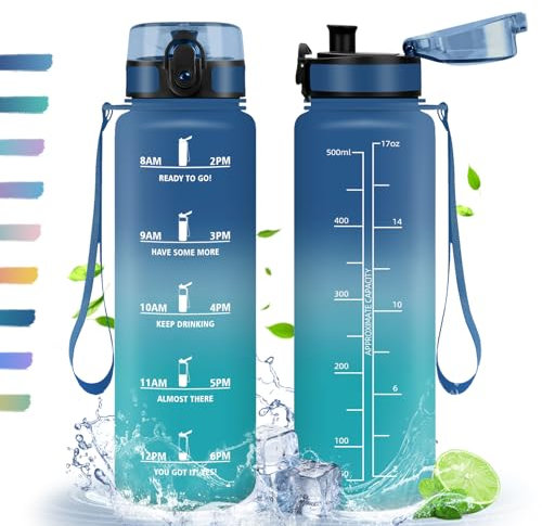HoneyHolly Trinkflasche 500ml Sport, mit Zeitmarkierung, mit Filter, Auslaufsichere Trinkflasche, BPA-Frei, Wasserflasche für Sport, Fitness, Yoga, Schule, Büro